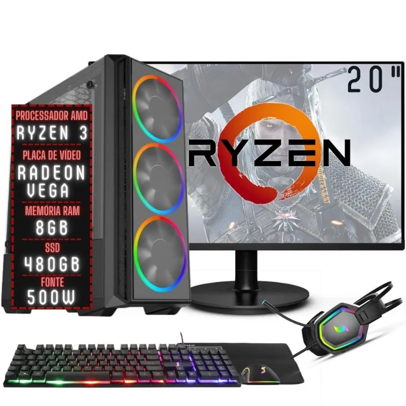 PC Gamer Completo 3green Force AMD Ryzen 3 8GB DDR4 Placa de vídeo Radeon VEGA SSD 480GB Monitor 20" 75Hz Fonte 500W 3GFO-022