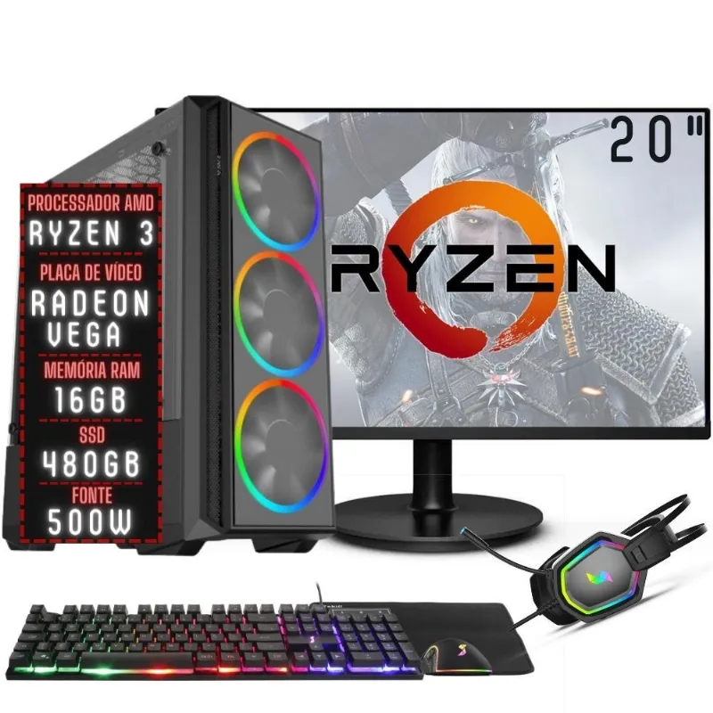 PC Gamer Completo 3green Force AMD Ryzen 3 16GB DDR4 Placa de vídeo Radeon VEGA SSD 480GB Monitor 20" 75Hz Fonte 500W 3GFO-024