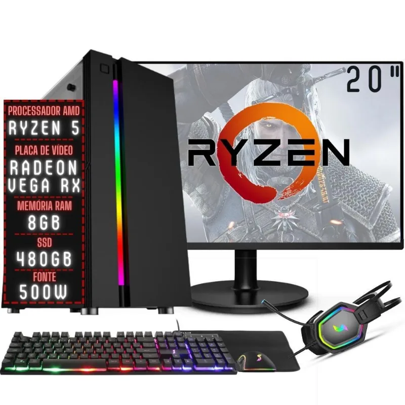 PC Gamer Completo 3green Force AMD Ryzen 5 8GB DDR4 Placa de vídeo Radeon RX SSD 480GB Monitor 20" 75Hz Fonte 500W 3GFO-026