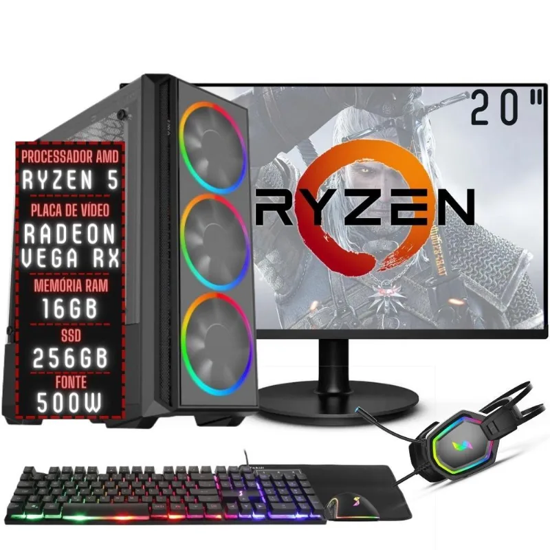 PC Gamer Completo 3green Force AMD Ryzen 5 16GB DDR4 Placa de vídeo Radeon RX SSD 256GB Monitor 20" 75Hz Fonte 500W 3GFO-031