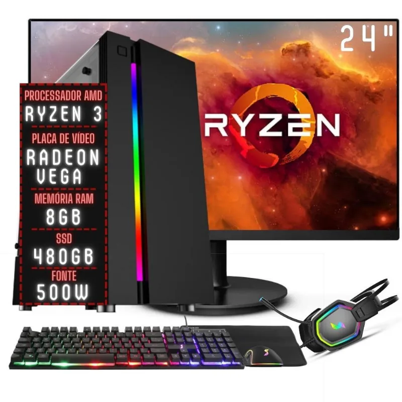 PC Gamer Completo 3green Force AMD Ryzen 3 8GB DDR4 Placa de vídeo Radeon VEGA SSD 480GB Monitor 24" 75Hz Fonte 500W 3GFO-034
