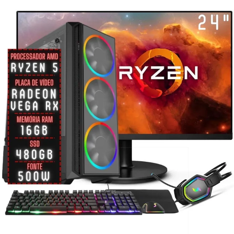 PC Gamer Completo 3green Force AMD Ryzen 5 16GB DDR4 Placa de vídeo Radeon RX SSD 480GB Monitor 24" 75Hz Fonte 500W 3GFO-048