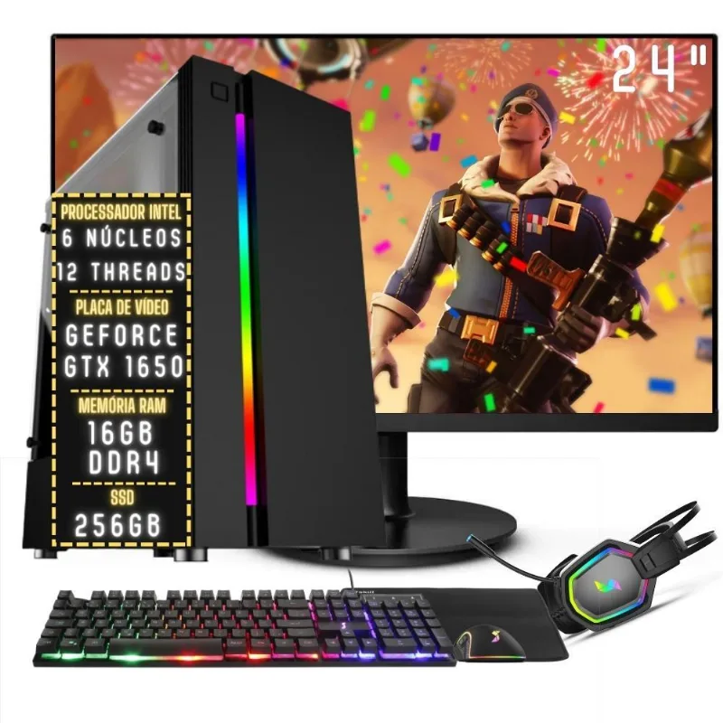 PC Gamer Completo 3green Plus Intel 6 núcleos 12 threads 16GB DDR4 Placa de vídeo Geforce GTX 1650 4GB SSD 256GB Monitor 24" 75Hz Fonte 500W 3GPL-027