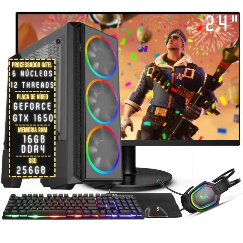 PC Gamer Completo 3green Plus Intel 6 núcleos 12 threads 16GB DDR4 Placa de vídeo Geforce GTX 1650 4GB SSD 256GB Monitor 24" 75Hz Fonte 500W 3GPL-039