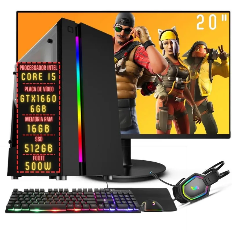 PC Gamer Completo 3green FPS Intel Core i5 16GB RAM Placa de vídeo Geforce GTX 1660 6GB SSD 512GB Monitor 20" 75Hz Fonte 500W 3GF-030