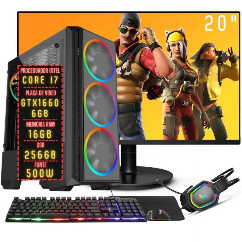 PC Gamer Completo 3green FPS Intel Core i7 16GB RAM Placa de vídeo Geforce GTX 1660 6GB SSD 256GB Monitor 20" 75Hz Fonte 500W 3GF-043