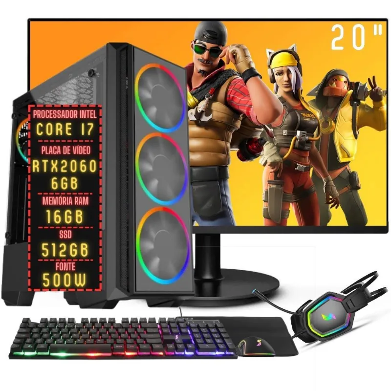 PC Gamer Completo 3green FPS Intel Core i7 16GB RAM Placa de vídeo Geforce RTX 2060 6GB SSD 512GB Monitor 20" 75Hz Fonte 500W 3GF-048