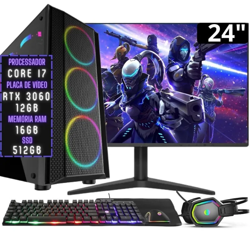 Pc Gamer Completo 3green Hunter, Intel Core i7, 16GB ram, Geforce rtx 3060 12GB, ssd 512GB, Fonte 600W 80 Plus, Kit Gamer e Monitor 24 Full HD 75Hz 2ms 3H-004