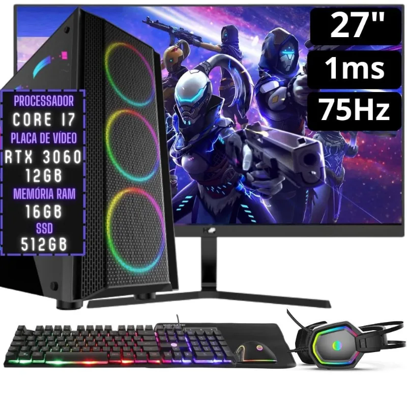 Pc Gamer Completo 3green Hunter, Intel Core i7, 16GB ram, Geforce rtx 3060 12GB, ssd 512GB, Fonte 600W 80 Plus, Kit Gamer e Monitor 27 Full HD 75Hz 1ms 3H-016