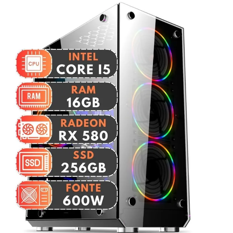 PC Gamer Intel Core i5 3ª Geração 16GB RAM Radeon RX 580 8GB SSD 256GB 600W 3green Extreme 3E-005 Windows 10