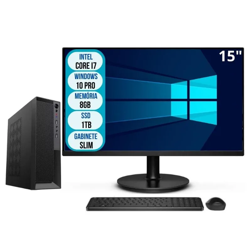 Computador Completo Slim Intel Core i7 8GB SSD 1TB Wifi Windows 10 Pro Monitor 15" 3green Office 3GO-021