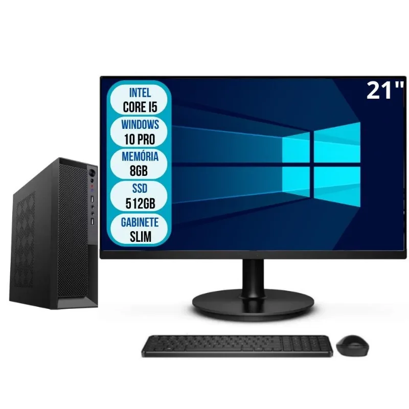 Computador Completo Slim Intel Core i5 8GB SSD 512GB Wifi Windows 10 Pro Monitor 21" 3green Office 3GO-038