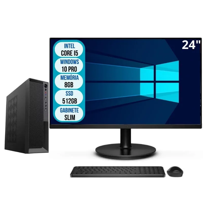 Computador Completo Slim Intel Core i5 8GB SSD 512GB Wifi Windows 10 Pro Monitor 24" 3green Office 3GO-050