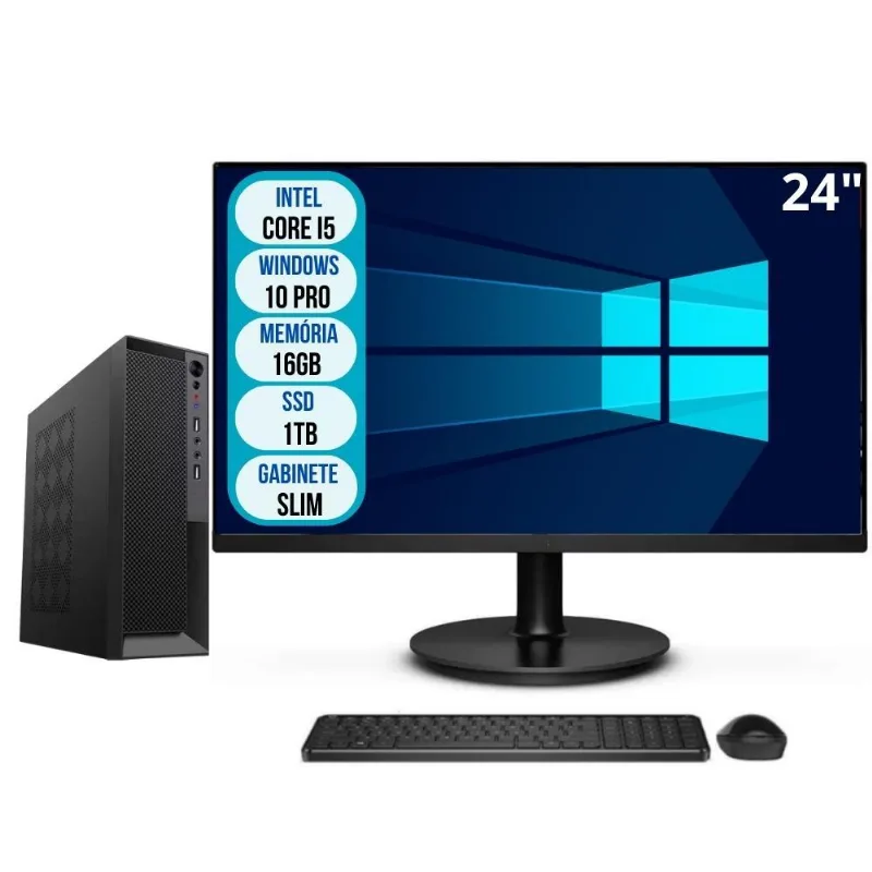 Computador Completo Slim Intel Core i5 16GB SSD 1TB Wifi Windows 10 Pro Monitor 24" 3green Office 3GO-054