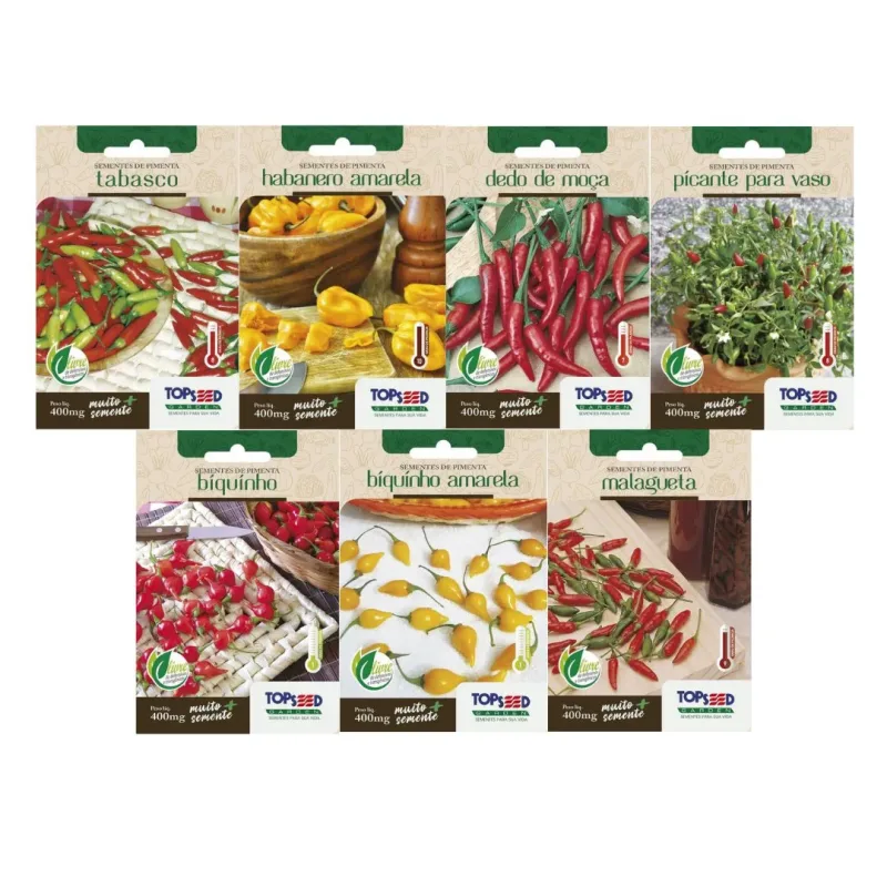 Kit 7 Sementes Pimentas | Tabasco, Habanero Amarela, Dedo de Moça, Picante Vaso , Biquinho Vermelha e Amarela, Malagueta - Pet Casa e Jardim