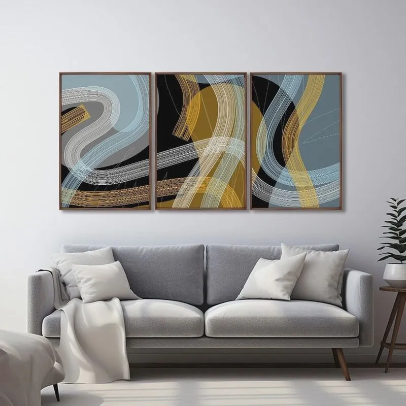 Quadro Decorativo Modelo Linhas e Formas com 3 Telas para Quarto Banheiro Escritório 60cm X 90cm