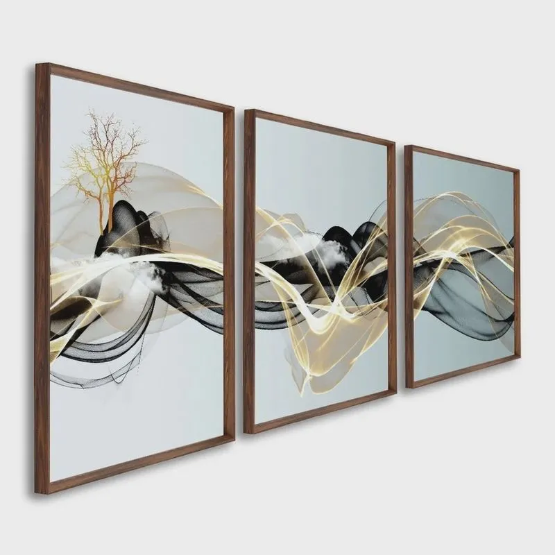 Quadro Decorativo Abstrato com 3 Telas de Parede para Sala Quarto Escritório 60cm X 90cm Tabaco