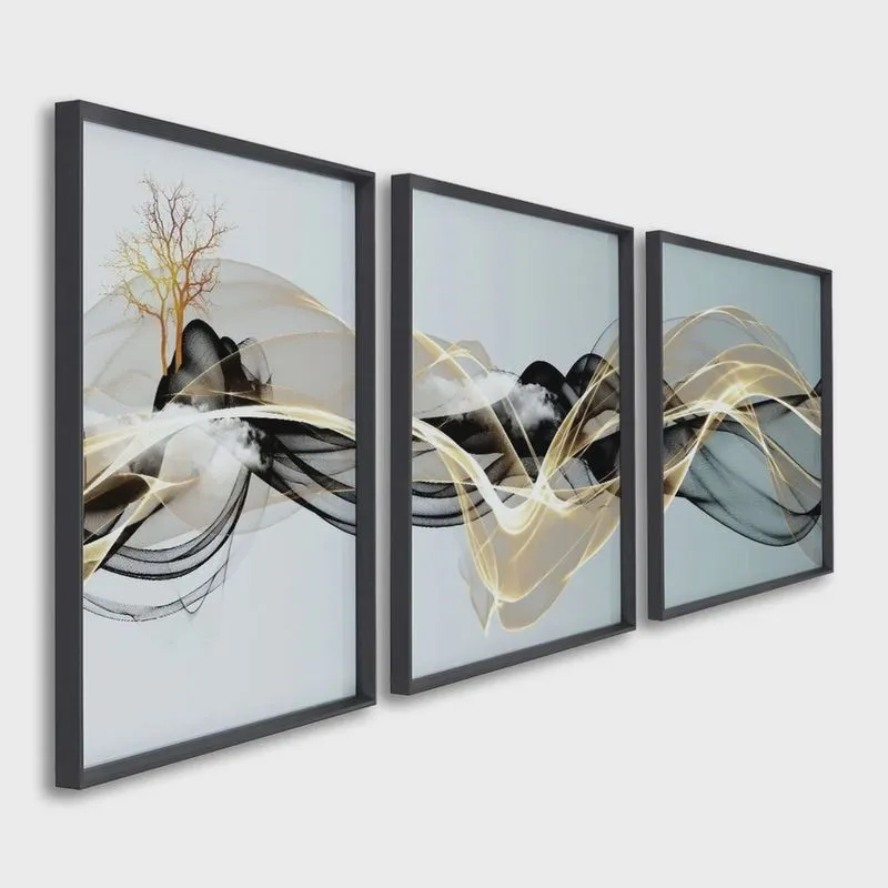 Quadro Decorativo Abstrato com 3 Telas de Parede para Sala Quarto Escritório 60cm X 90cm Sem Vidro