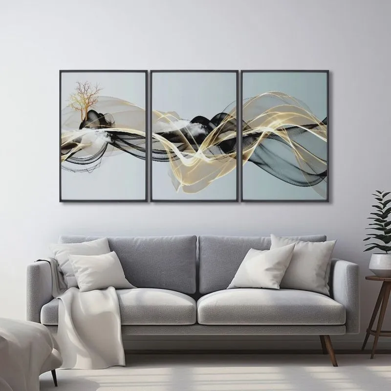 Quadro Decorativo Abstrato com 3 Telas de Parede para Sala Quarto Escritório 60cm X 90cm Preto