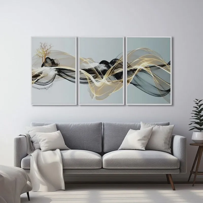 Quadro Decorativo Abstrato com 3 Telas de Parede para Sala Quarto Escritório 60cm X 90cm Com Vidro