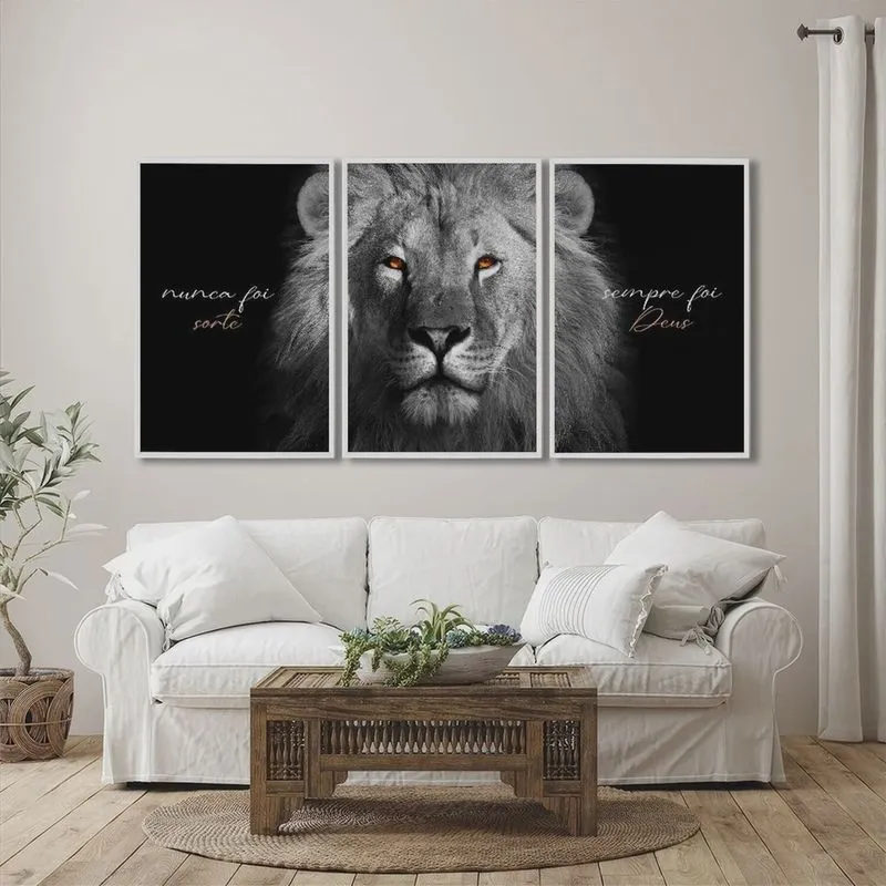 Quadro Nunca Foi Sorte, Sempre Foi Deus Modelo Religioso com 3 Telas para Sala, Hall 60cm X 90cm