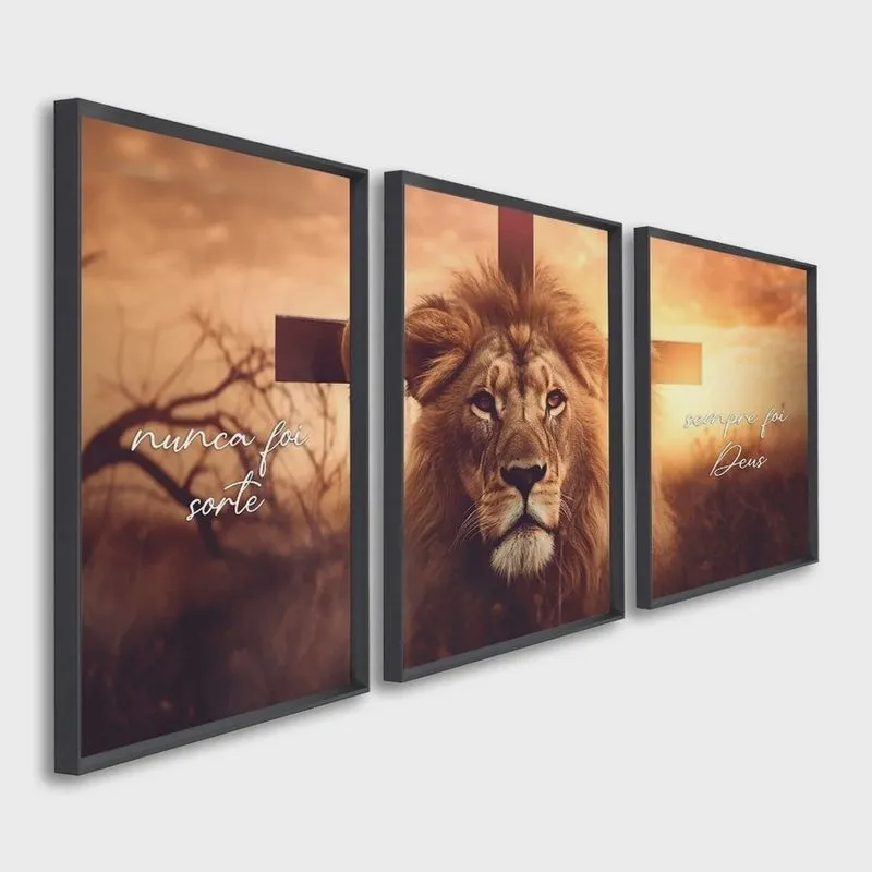 Quadro Decorativo Nunca Foi Sorte, Sempre Foi Deus Religioso com 3 Telas para Sala, Escritório,