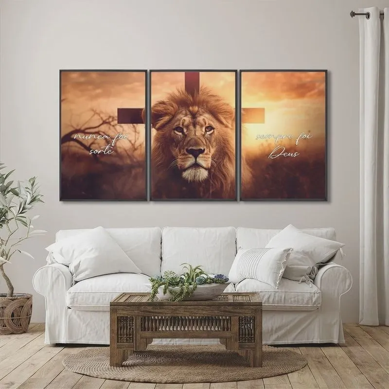 Quadro Decorativo Nunca Foi Sorte, Sempre Foi Deus Religioso com 3 Telas para Sala, Escritório,