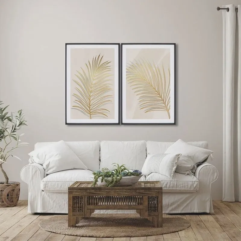 Quadro Decorativo Modelo Folha Dourada com 2 Telas para Sala, Quarto, Escritório 60cm X 90cm Com