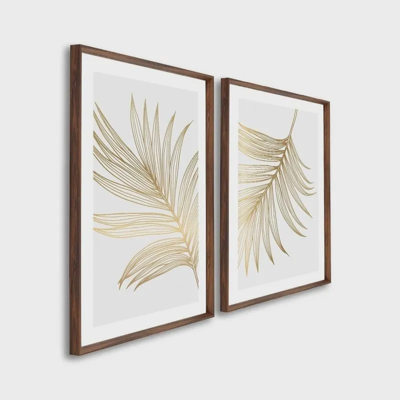Quadro Decorativo Modelo Folha Dourada com 2 Telas para Sala, Quarto, Escritório 60cm X 90cm Sem
