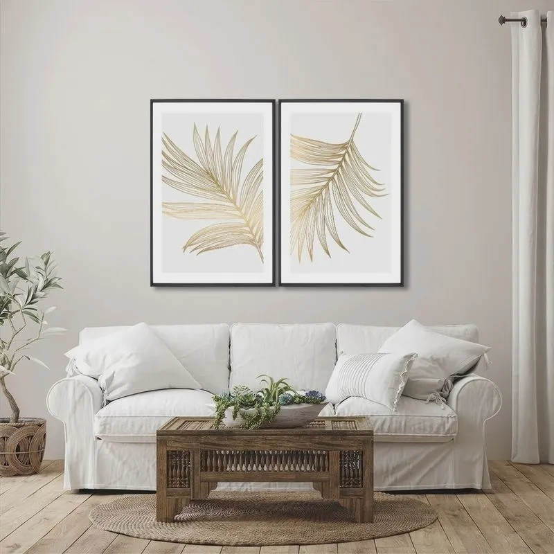 Quadro Decorativo Modelo Folha Dourada com 2 Telas para Sala, Quarto, Escritório 60cm X 90cm Preto