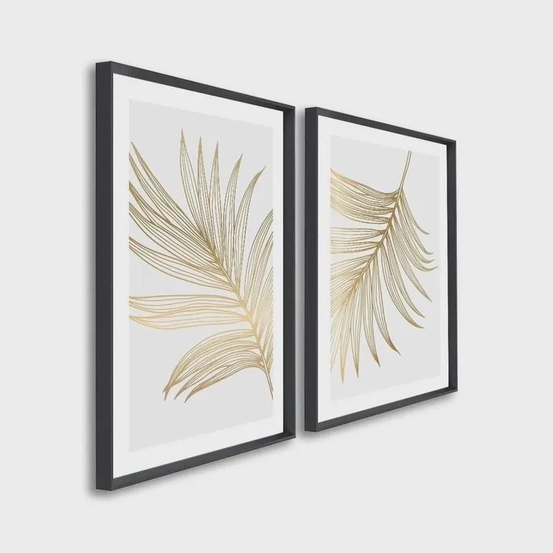 Quadro Decorativo Modelo Folha Dourada com 2 Telas para Sala, Quarto, Escritório 60cm X 90cm Com