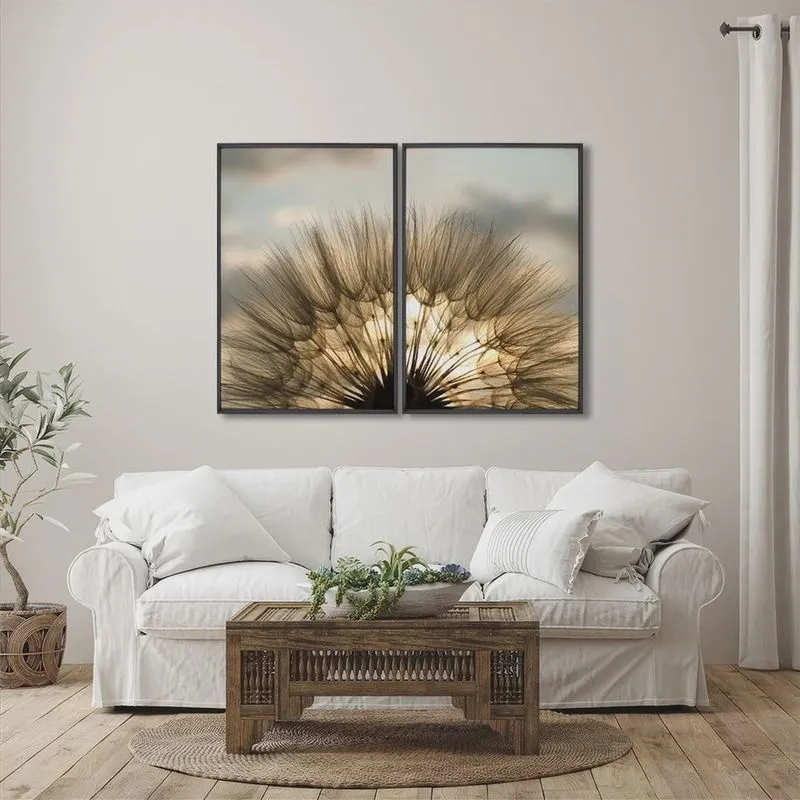 Quadro Decorativo Sol e Dentes de Leão com 2 Telas para Sala, Casa de Praia, Lavabo 60cm X 90cm