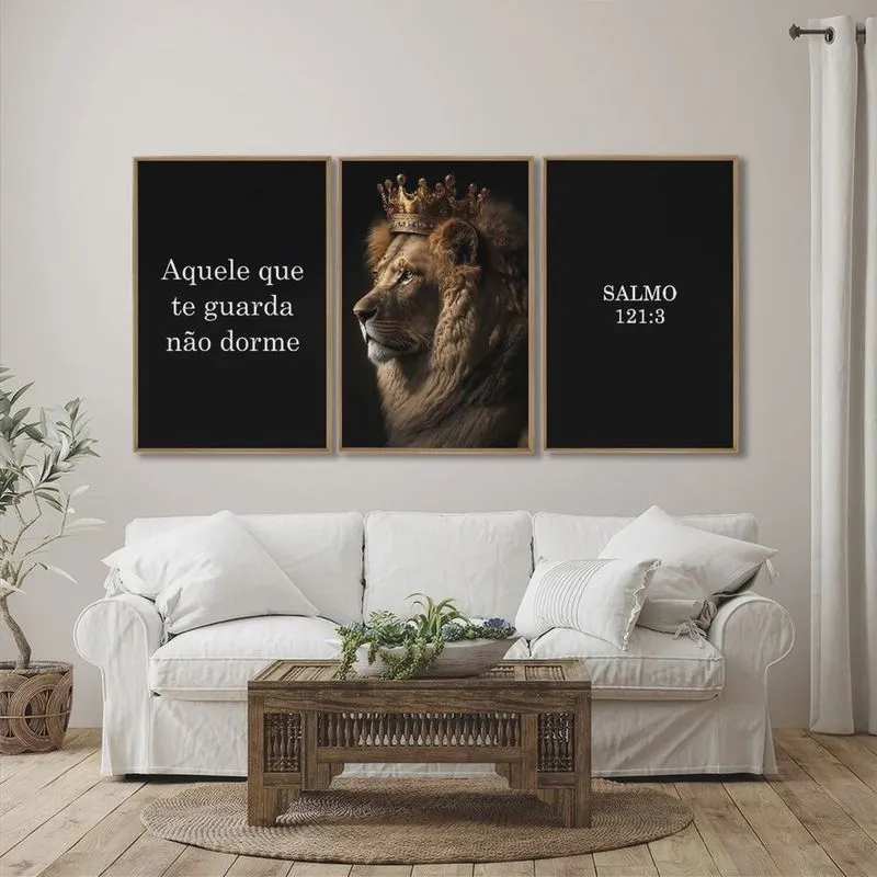 Quadro Decorativo Religioso Aquele que Te Guarda, Não Dorme com 3 Telas de Parede 60cm X 90cm Sem
