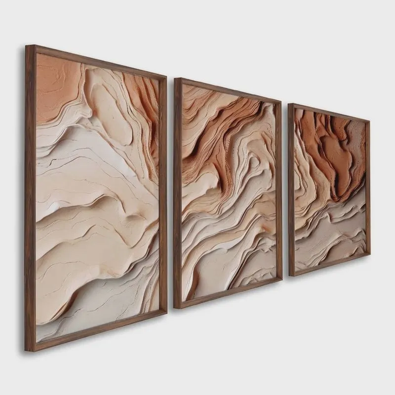 Quadro Decorativo Modelo Barro com 3 Telas para Sala, Casa de Praia, Lavabo 60cm X 90cm Sem Vidro