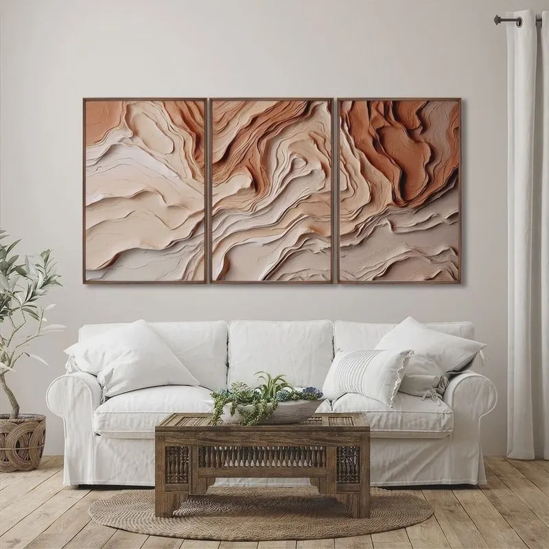 Quadro Decorativo Modelo Barro com 3 Telas para Sala, Casa de Praia, Lavabo 60cm X 90cm Com Vidro