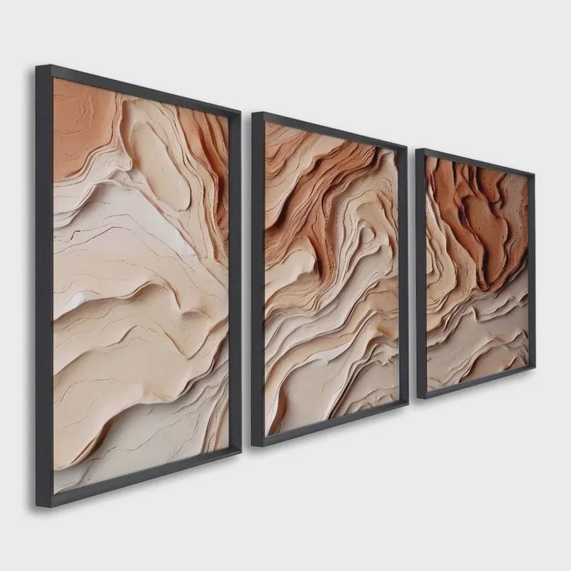 Quadro Decorativo Modelo Barro com 3 Telas para Sala, Casa de Praia, Lavabo 60cm X 90cm Preto