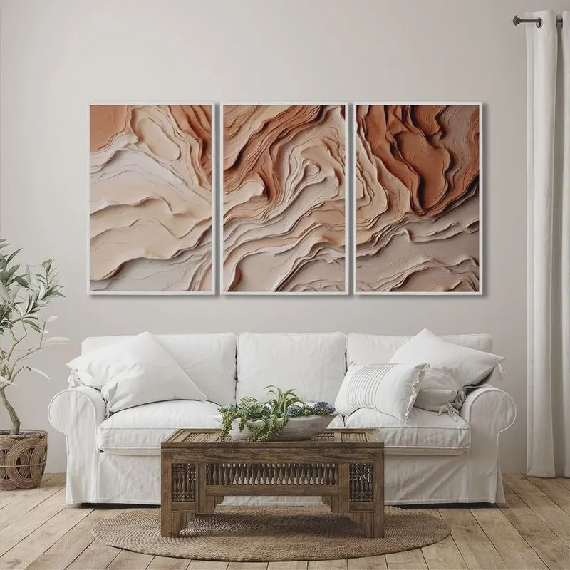 Quadro Decorativo Modelo Barro com 3 Telas para Sala, Casa de Praia, Lavabo 60cm X 90cm Com Vidro