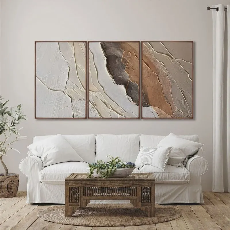 Quadro Decorativo Modelo Rocha com 3 Telas para Sala, Casa de Praia, Lavabo 60cm X 90cm Tabaco