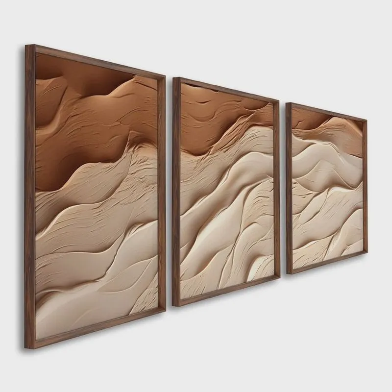 Quadro Decorativo Modelo Areia com 3 Telas para Sala, Casa de Praia, Lavabo 60cm X 90cm Tabaco