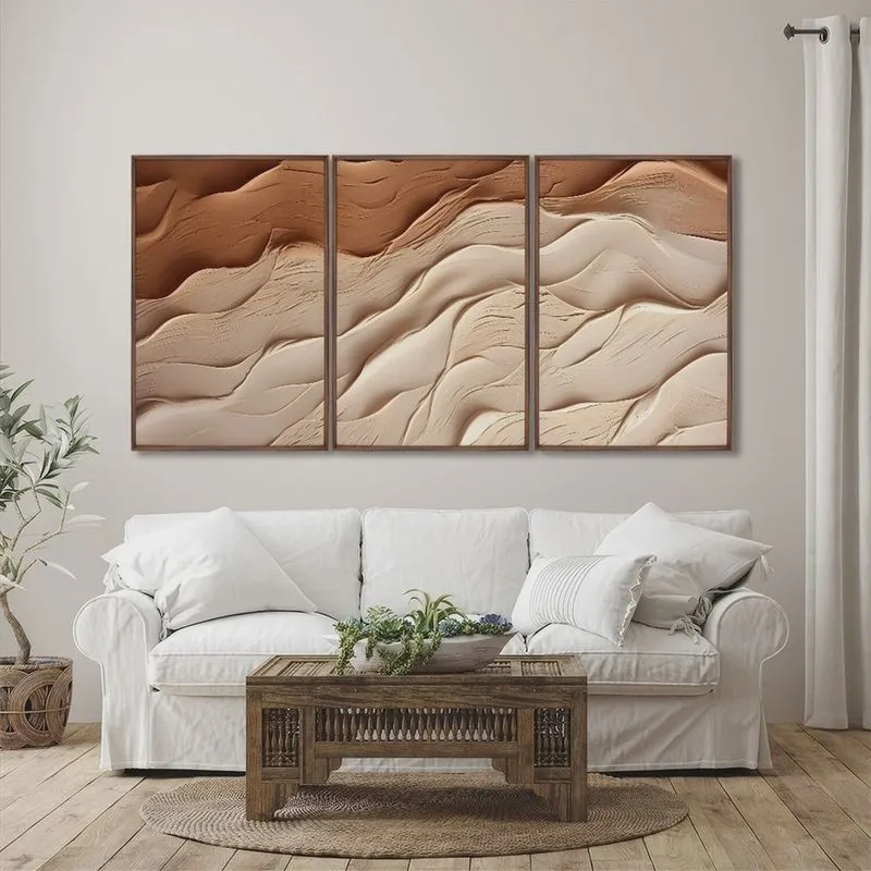 Quadro Decorativo Modelo Areia com 3 Telas para Sala, Casa de Praia, Lavabo 60cm X 90cm Tabaco