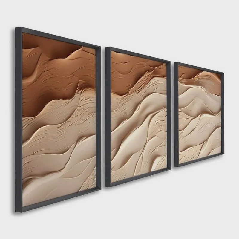 Quadro Decorativo Modelo Areia com 3 Telas para Sala, Casa de Praia, Lavabo 60cm X 90cm Branco