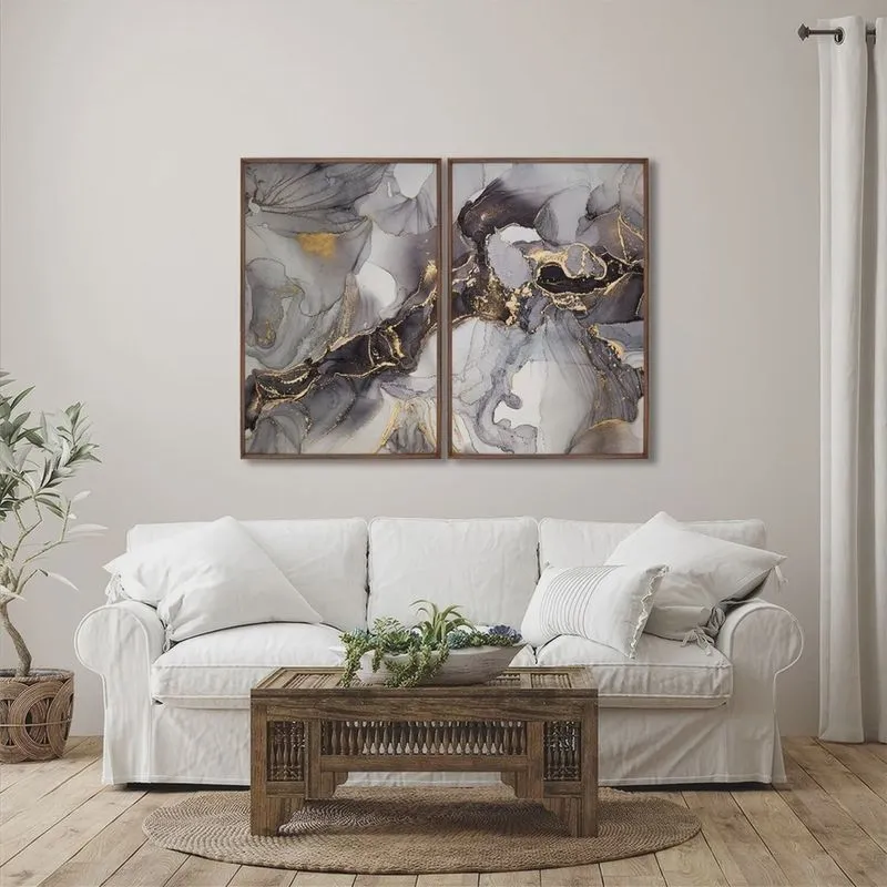 Quadro Decorativo Ouro e Chumbo com 2 Telas de Parede para Sala Quarto Escritório 60cm X 90cm Sem
