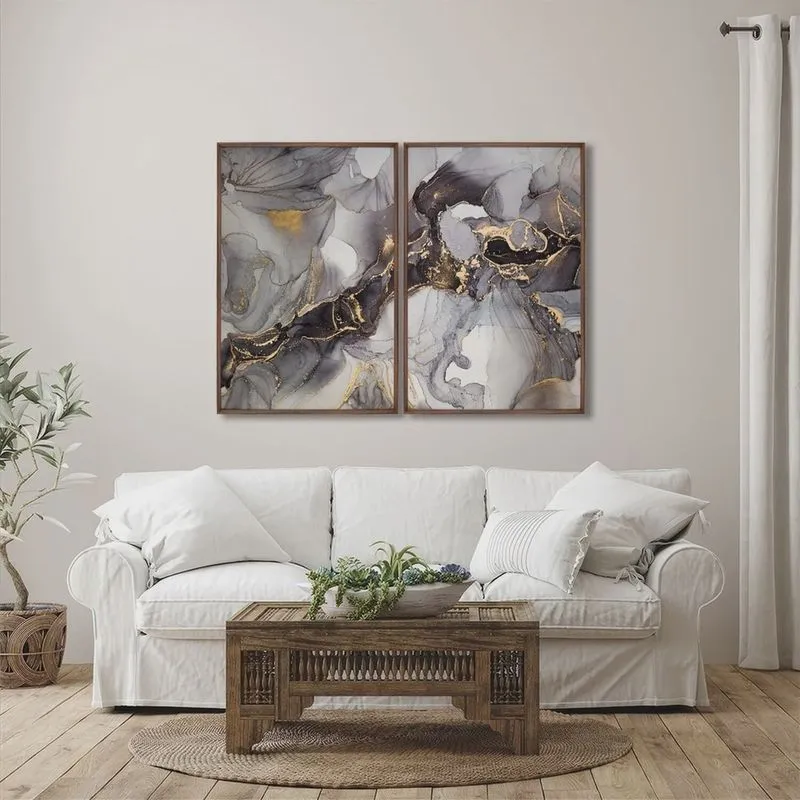 Quadro Decorativo Ouro e Chumbo com 2 Telas de Parede para Sala Quarto Escritório 60cm X 90cm
