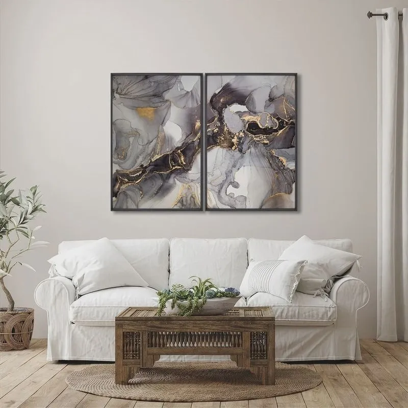 Quadro Decorativo Ouro e Chumbo com 2 Telas de Parede para Sala Quarto Escritório 60cm X 90cm Sem