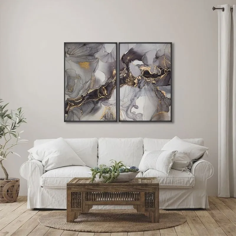 Quadro Decorativo Ouro e Chumbo com 2 Telas de Parede para Sala Quarto Escritório 60cm X 90cm