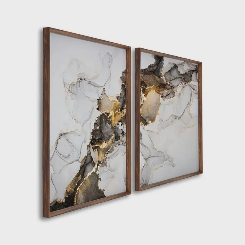 Quadro Decorativo Ouro e Chumbo com 2 Telas de Parede para Sala Quarto Escritório 60cm X 90cm Sem