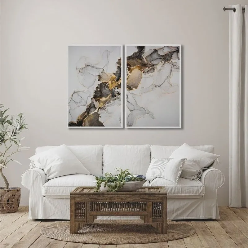 Quadro Decorativo Ouro e Chumbo com 2 Telas de Parede para Sala Quarto Escritório 60cm X 90cm