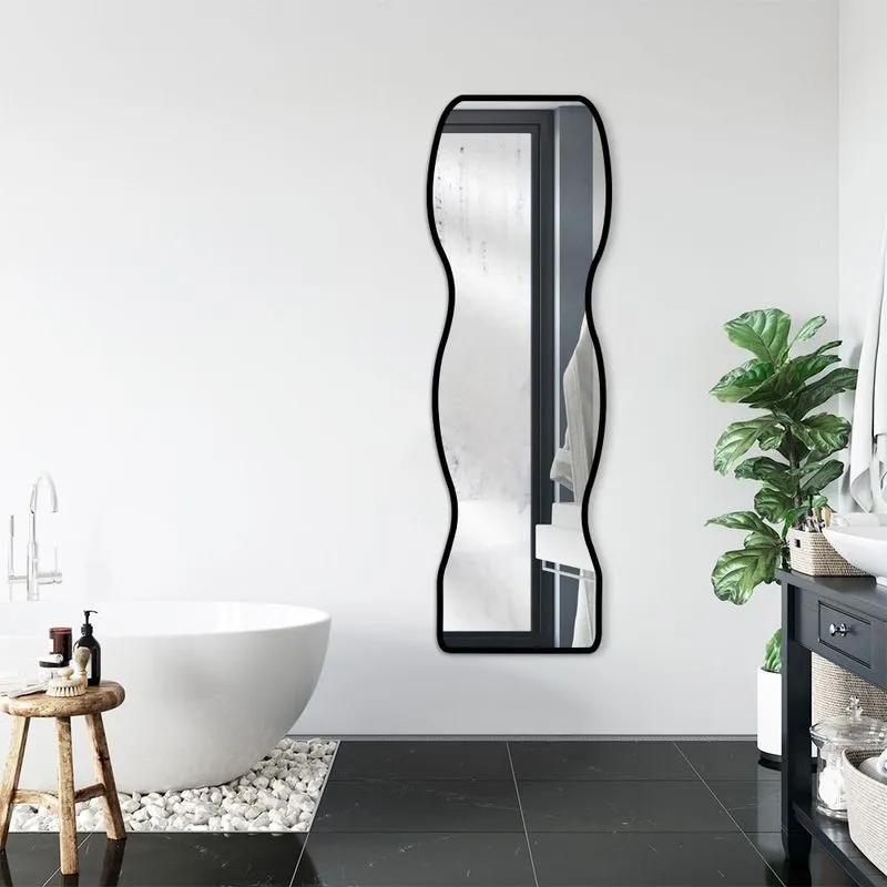 Espelho Decorativo Ondas De Base Reta 55x160 Orgânico De Parede Preto