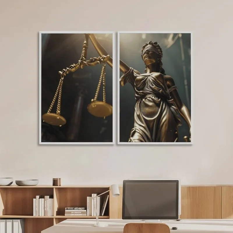 Quadro Decorativo Temático Direito Balança da Justiça com 2 Telas de Parede para Escritório