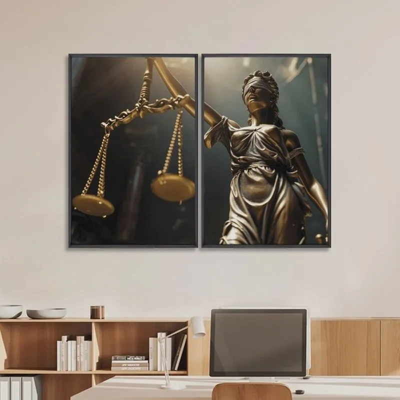 Quadro Decorativo Temático Direito Balança da Justiça com 2 Telas de Parede para Escritório
